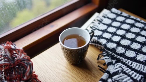 Warm Tea and Cozy Blanket by the Window on a Chilly Day.