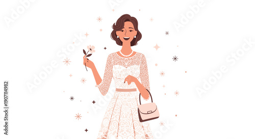 A smiling woman with short brown hair wears an elegant white lace dress, holding a flower and a small pink purse.