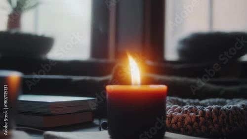 Cozy Candlelight Ambiance with Books and Window View.