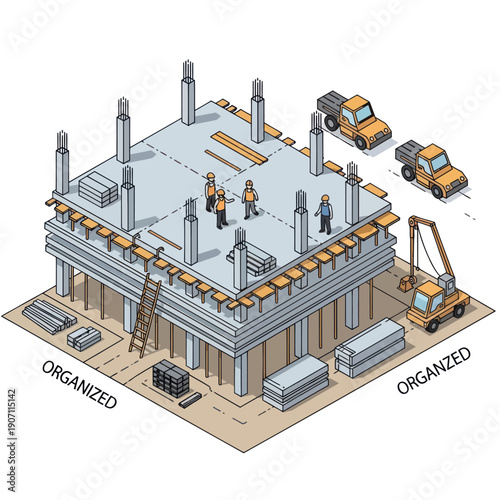 Construction Site with Building and Machinery.