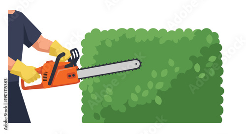A person's gloved hands operate an orange chainsaw, actively cutting a large green hedge.