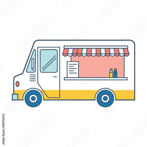 Cute illustration of a food truck with a pink serving window and yellow base