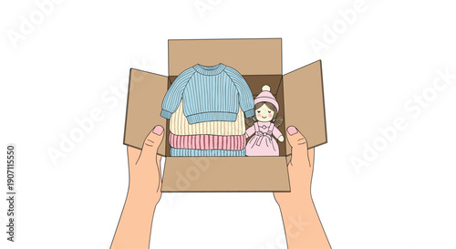 Two hands hold an open cardboard box with folded baby clothes and a doll, overhead.