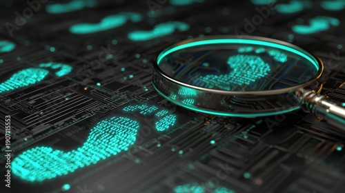 Digital footprints with magnifying glass on circuit board symbolizing cybersecurity data privacy and online tracking