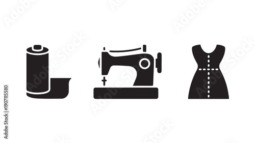 Sewing icons in simple flat design with black color on white background for fashion and textile industry