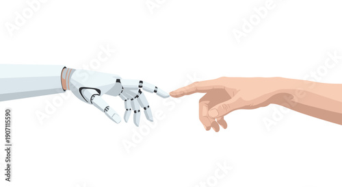 A human hand reaches towards a robot hand, with fingertips poised to touch, against white.
