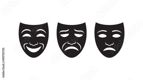 Theater masks with different emotions in minimalist style with bold black and white contrast for drama and theater