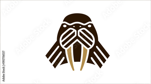 Simplified graphic of a walrus with tusks and stylized features in shades of brown and beige