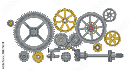 A complex arrangement of various size grey and gold mechanical gears, cogs, and shafts is displayed.