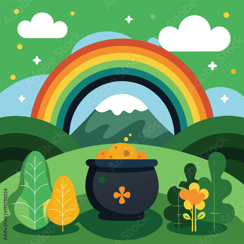 Vibrant rainbow landscape with pot of gold and lush greenery on a whimsical st patrick s day background