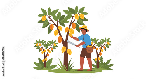 A vibrant illustration depicts a man harvesting ripe yellow cocoa pods from small trees in a lush plantation.