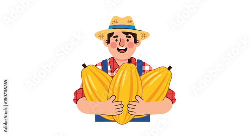 A cheerful cartoon farmer wearing a straw hat and blue overalls is seen holding three large yellow cocoa pods in his arms.