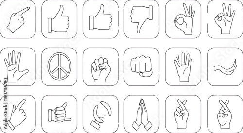 Print Minimalist Hand Gestures Icon Set in Rounded Square Frames Featuring Peace Signs Victory Symbols Prayer Hands and Positive Affirmations