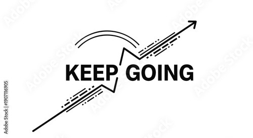 Motivational quote typography 'KEEP GOING' with arrow and speed lines, vector illustration for poster or social media overlay