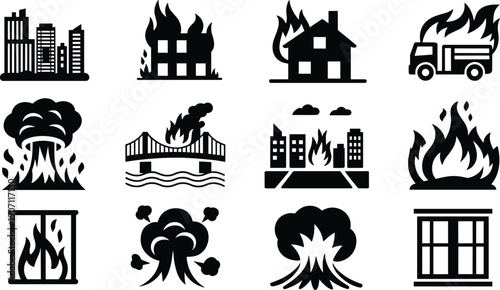Black silhouette icon set for fire emergencies and disasters featuring burning buildings house on fire explosion truck fire and flame symbols isolated on white background
