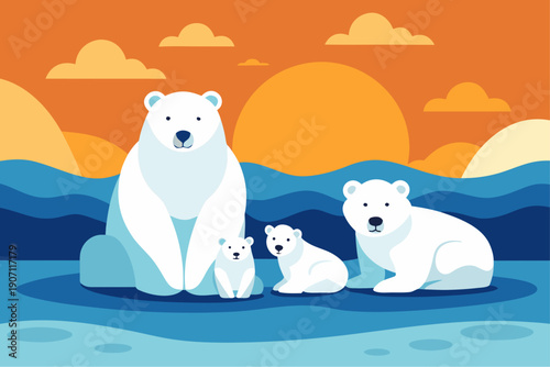 A family of polar bears on a melting ice floe at sunset