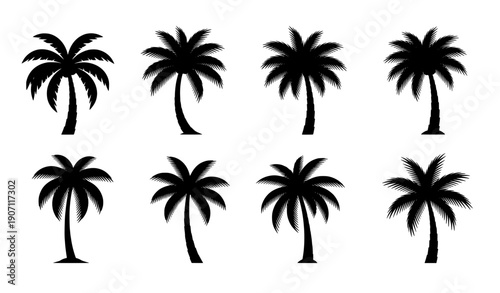 Minimal tropical palm silhouette set for summer logo and travel branding vector illustration