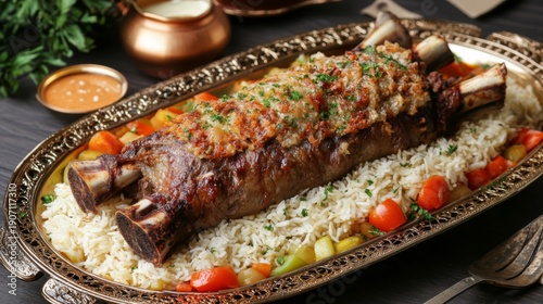 Roasted Lamb Shank Served with Rice and Vegetables