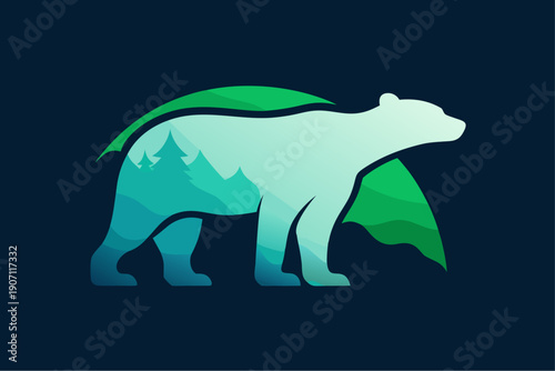 Polar bear standing in front of a mountain and leafy landscape