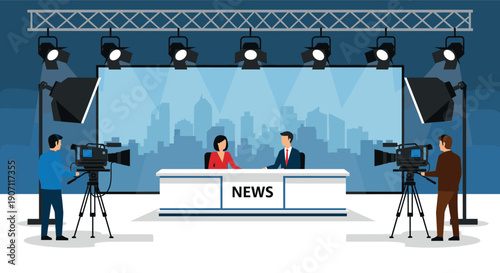 Modern television news studio with anchors at desk featuring professional cameras lighting equipment and city skyline background vector illustration.