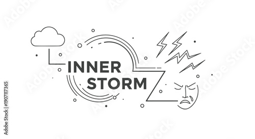 Inner storm mental health illustration, anxiety or stress concept, vector line art for website, social media or presentation