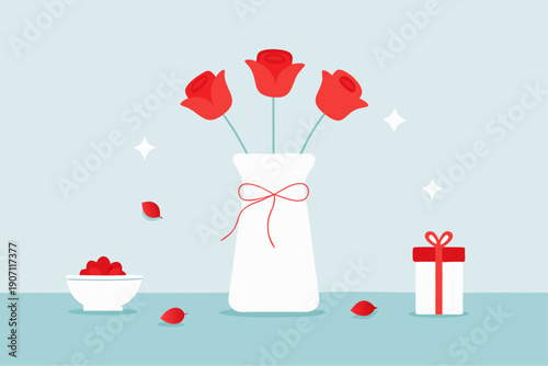 A vase with red tulips and gifts on a table