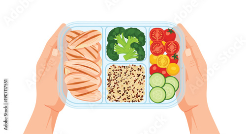 Two hands holding a clear meal prep container with compartments of grilled chicken, broccoli, quinoa, cherry tomatoes and cucumber.