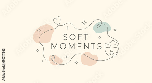Minimalist vector logo with face and text 'Soft Moments', abstract line art, pastel colors, beige background, for branding or social media, Isolated on transparent background, png