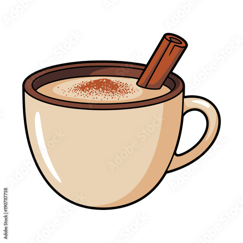 Cartoon style illustration of a beige mug with cinnamon stick and powder on top