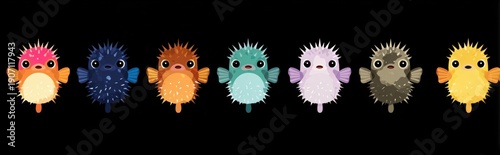 Cute pufferfish swim together in a row, displaying various colors and spiky textures against a black backdrop.