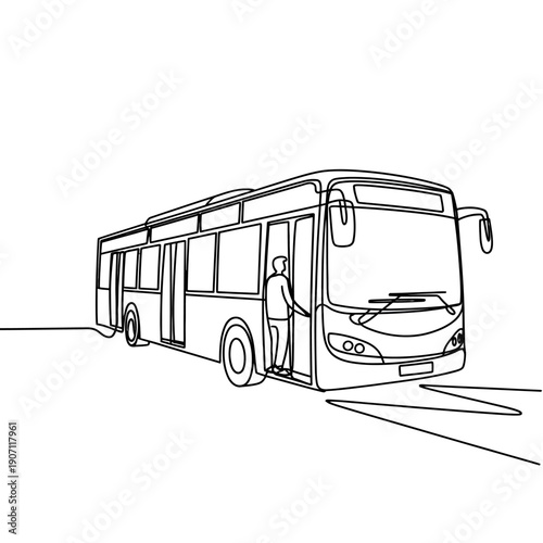 Line drawing of a man getting on a city bus from the sidewalk