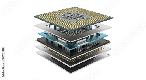 Exploded view of a modern computer processor chip, layers of technology and circuitry