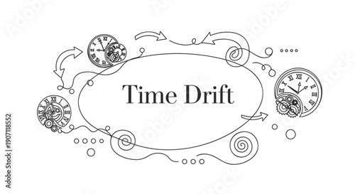 Vintage clock faces with swirling lines and dots, Time Drift label, vector illustration for poster or banner