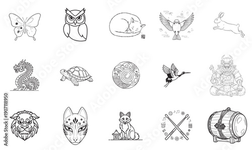 Japanese cultural symbols: animals, masks, and traditional crafts