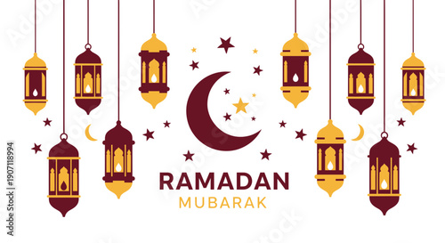 Ramadan mubarak greeting card with hanging lanterns and crescent moon on white background festive islamic holiday design