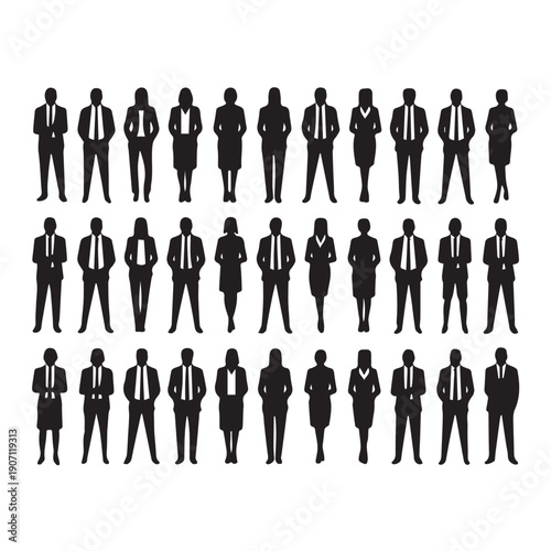 Business people , silhouettes, group of standing business men and businesswomen	
