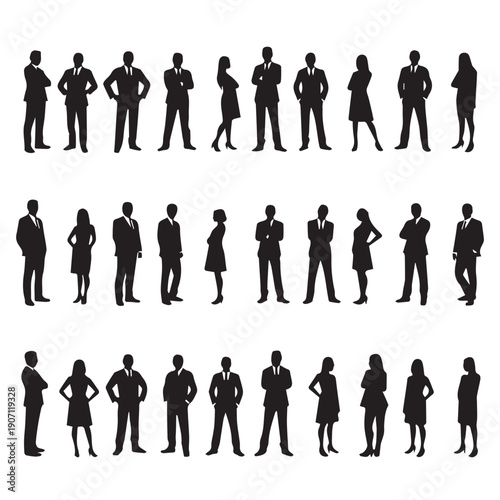 Business people , silhouettes, group of standing business men and businesswomen	
