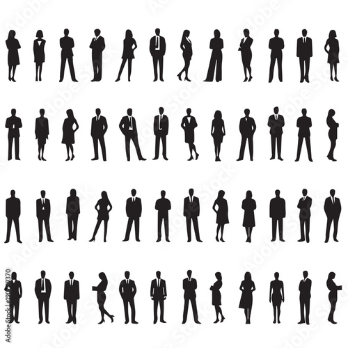 Business people , silhouettes, group of standing business men and businesswomen	
