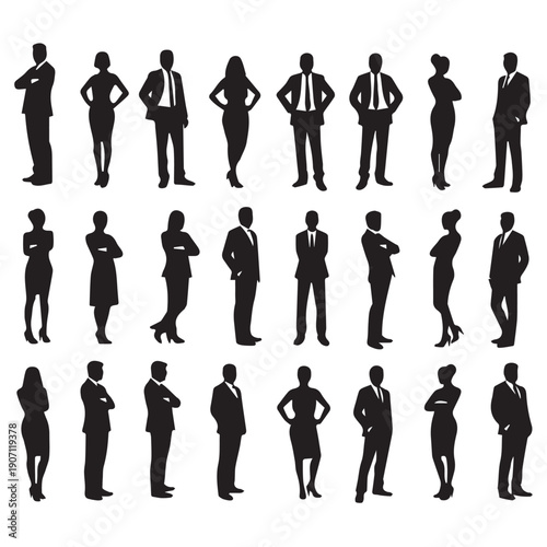 Business people , silhouettes, group of standing business men and businesswomen	
