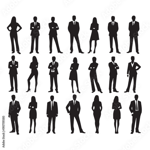 Business people , silhouettes, group of standing business men and businesswomen	
