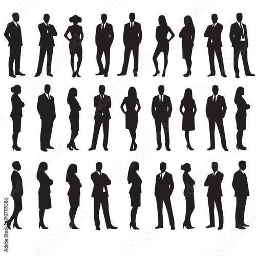 Business people , silhouettes, group of standing business men and businesswomen	
