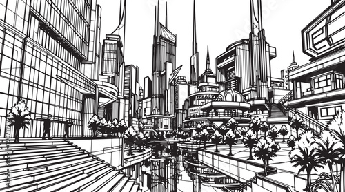 City landscape. Different buildings on street, outline cityscape hand sketch, flat houses. Hand drawn vector illustration