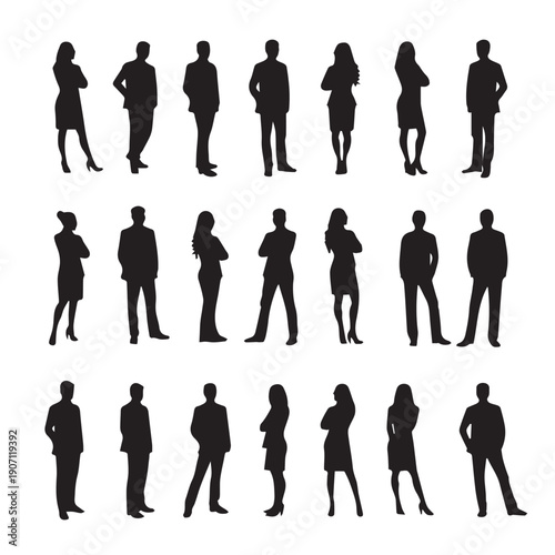 Business people , silhouettes, group of standing business men and businesswomen	
