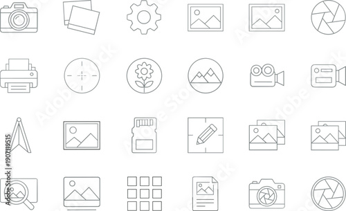Photography and image editing outline icons set line art vector illustrating camera tools gallery media symbols