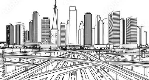 City landscape. Different buildings on street, outline cityscape hand sketch, flat houses. Hand drawn vector illustration