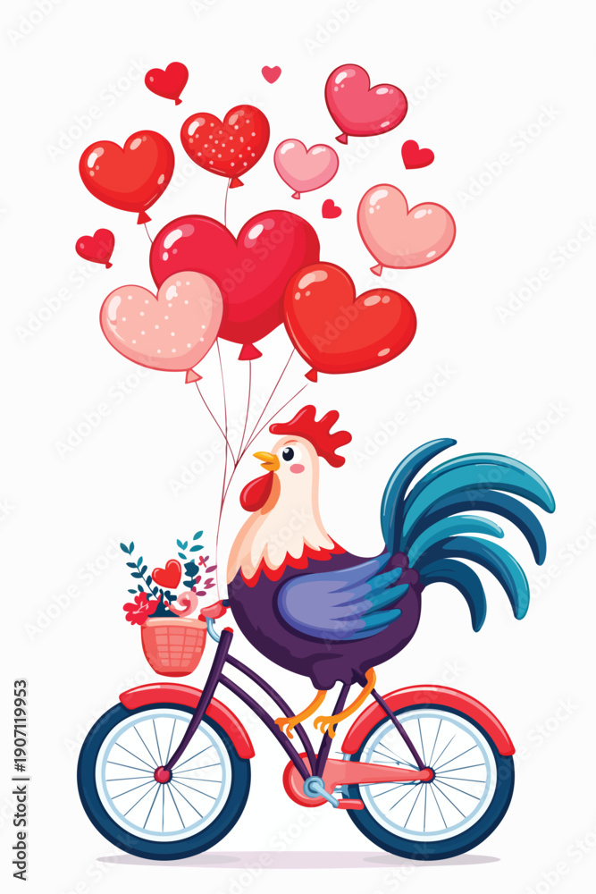 Obraz premium Rooster Riding Bicycle with Balloons Tied and Flowers in Basket Valentine Vector Illustration – Cute Romantic Chicken Character, Love and Celebration Theme, Playful Cartoon Style Artwork for Greeting 