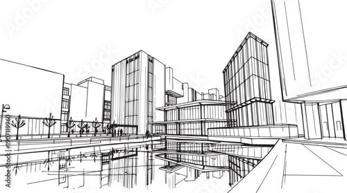 City landscape. Different buildings on street, outline cityscape hand sketch, flat houses. Hand drawn vector illustration