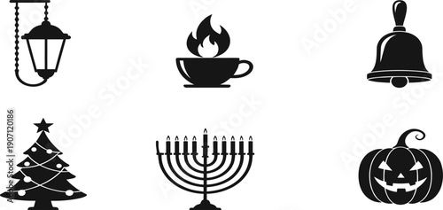 Black Silhouette Holiday Icon Set Featuring Menorah, Jack-o-lantern Pumpkin, Christmas Tree, Bell, Lantern, and Steaming Cup for Multi-Seasonal Graphic Designs and Event Notifications