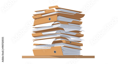 A large, messy stack of brown document folders is overstuffed with loose papers, creating an overflowing pile on a flat surface.
