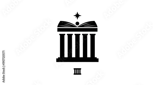 A black and white graphic showing a book above columns, with a star. The roman numeral III at bottom